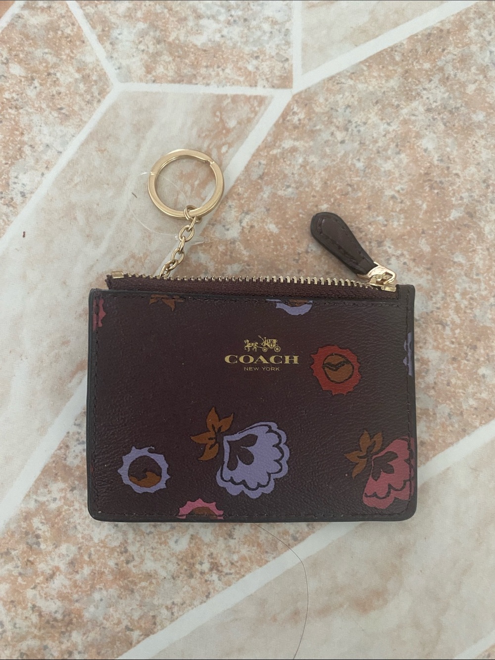 Coach Brown Floral Leather Zip Card Case Keyring with Purple & Pink Accents